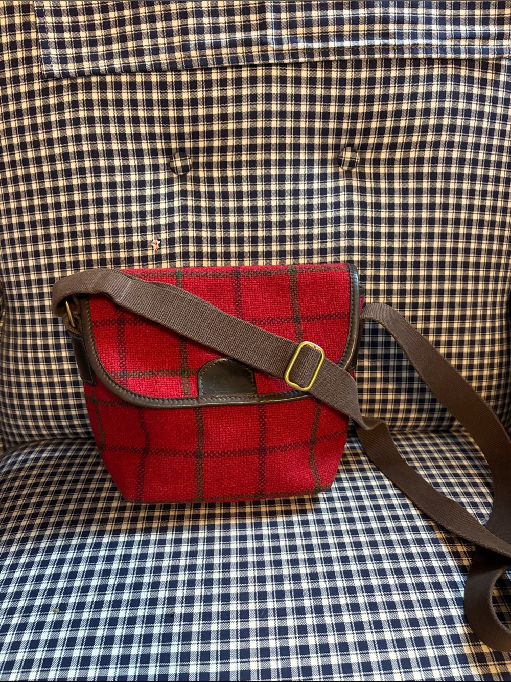 Harris Tweed red Plaid Messenger Bag with Adjustable Brown Strap